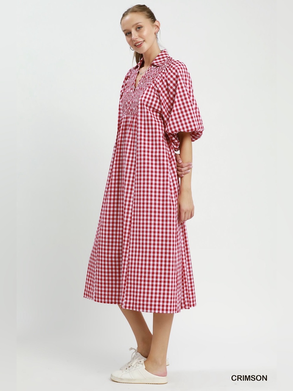 Umgee Puff Sleeve Plaid Midi Dress - Picture 2 of 6